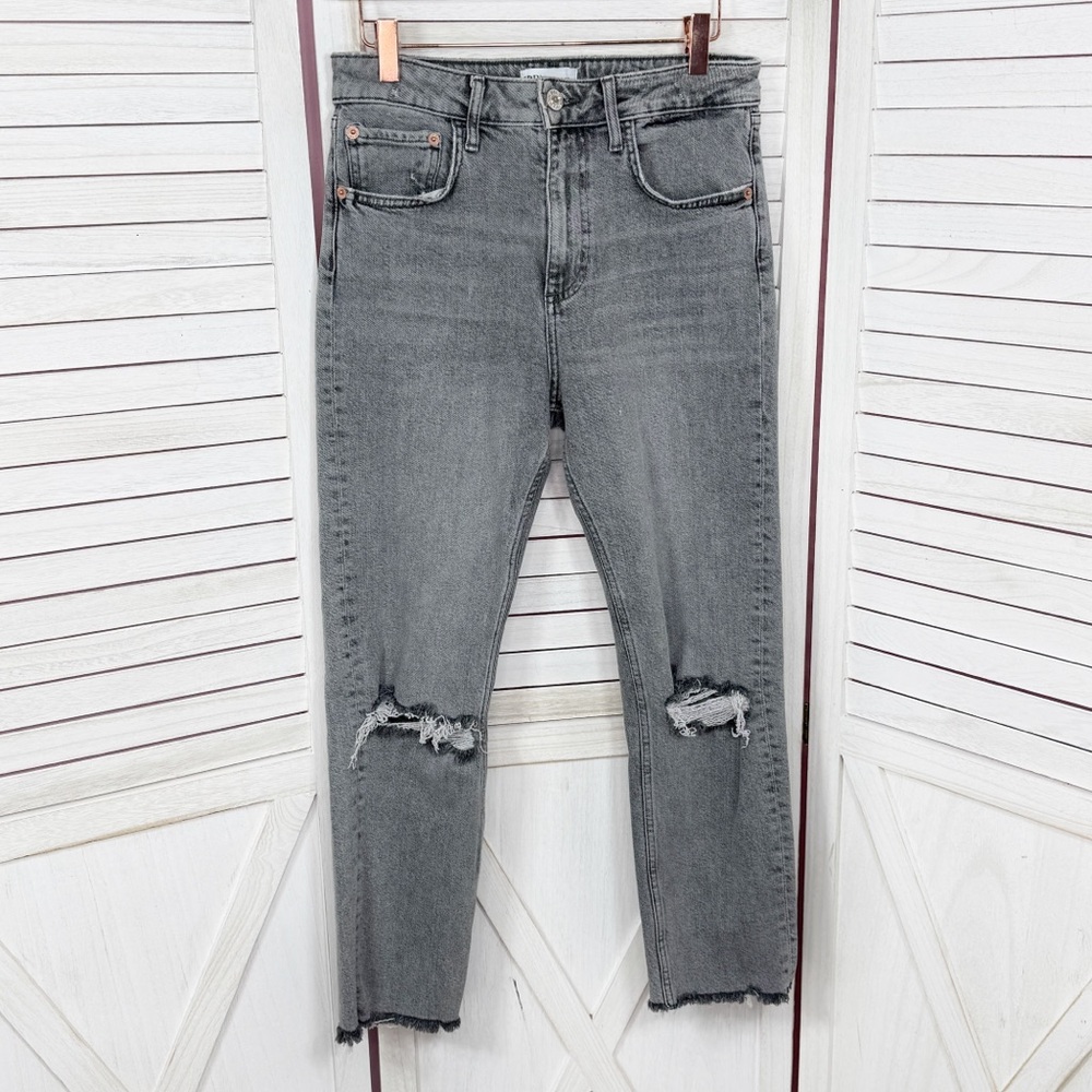 Zara Jeans Womens 6 Grey Black Distressed High Waist Cropped Raw Hem Stretch
